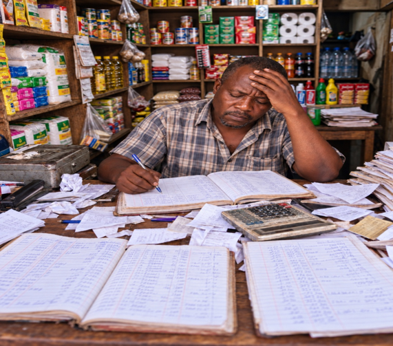 Shopkeeper overwhelmed by handwritten books and paperwork